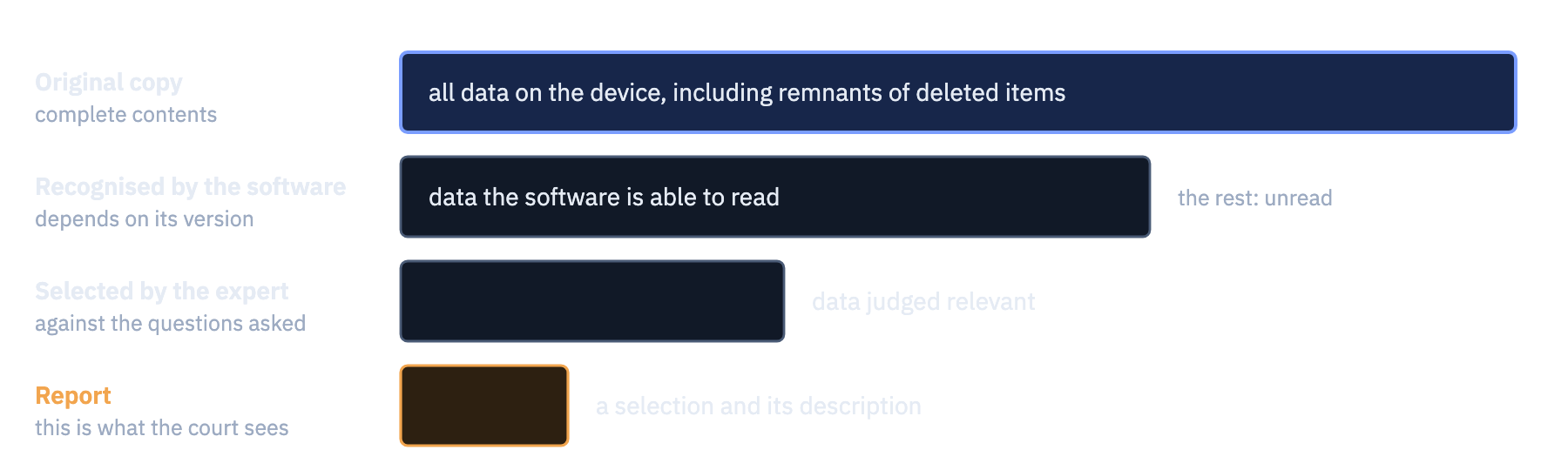 Comparison of the scope of data at successive stages: the complete contents of the device, the data recognised by the software, the data selected by the expert, and what reaches the report.